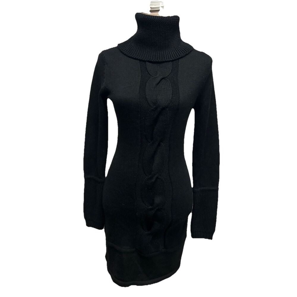 BEBE Cabled Sweater DRESS Wool Blend STRETCH Knit bodycon Black Dress Medium